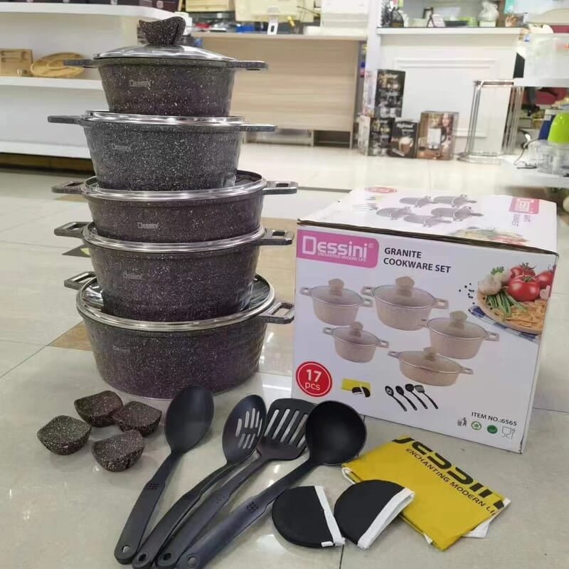 17 PIECES DESSINI GRANITE COOKWARE SET OF 5 POTS WITH ACCESSORIES - 16/18/20/22/24CM 17 PIECES DESSINI GRANITE COOKWARE SET OF 5 POTS WITH ACCESSORIES - 16/18/20/22/24CM